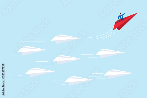 Flat illustration of businessman flying red paper plane in different direction to symbolize leadership innovation and thinking differently from the crowd