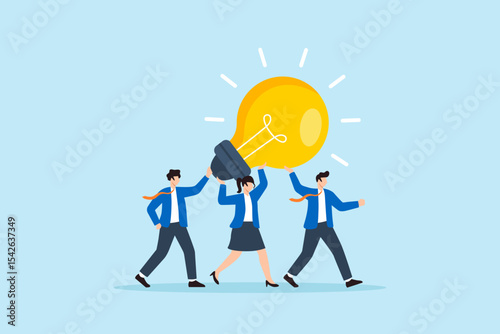 Flat illustration of business team carrying glowing lightbulb together to represent teamwork creativity innovation and shared ideas