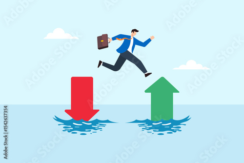 Flat illustration of businessman jumping from red down arrow to green up arrow over water to symbolize transition from failure to success and positive growth