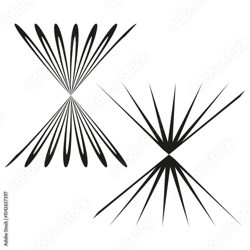 Sharp spike star. Elongated petal shape. Vector silhouette design. Contrast black outline.