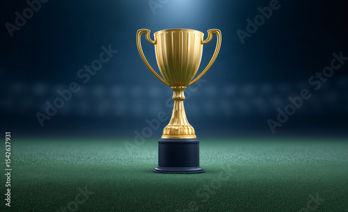A close-up of the golden trophy on the football field