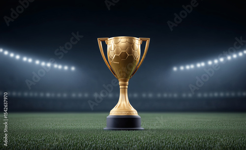 A close-up of the golden trophy on the football field