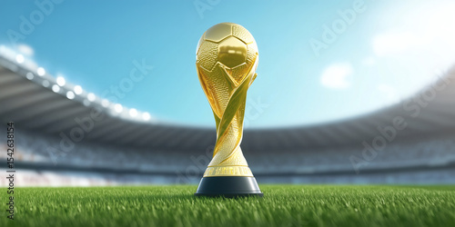 A close-up of the golden trophy on the football field