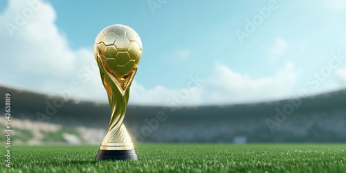 A close-up of the golden trophy on the football field