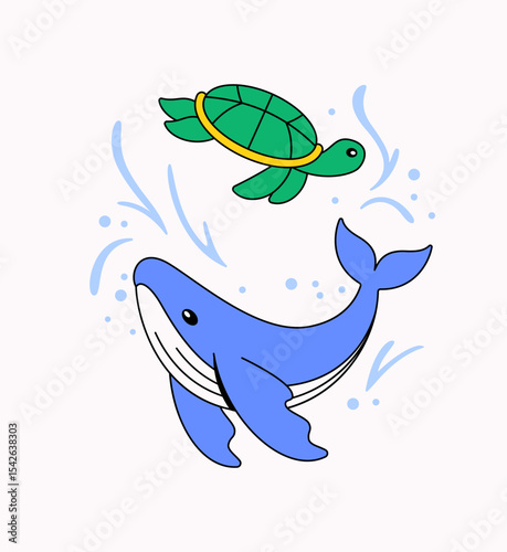 Whale and sea turtle cute cartoon vector