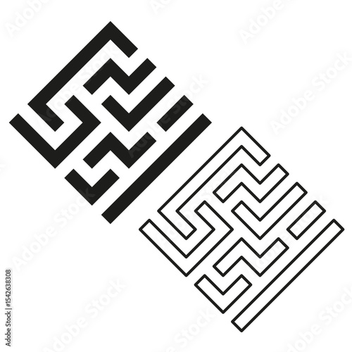 Flat maze symbol. Vector linear path. Black white shape. Abstract labyrinth figure.
