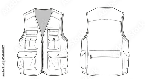 Outline mockup of an outdoor utility vest, front and back perspective, white canvas with clean black lines, featuring zip closure, chest pockets, and lower storage compartments