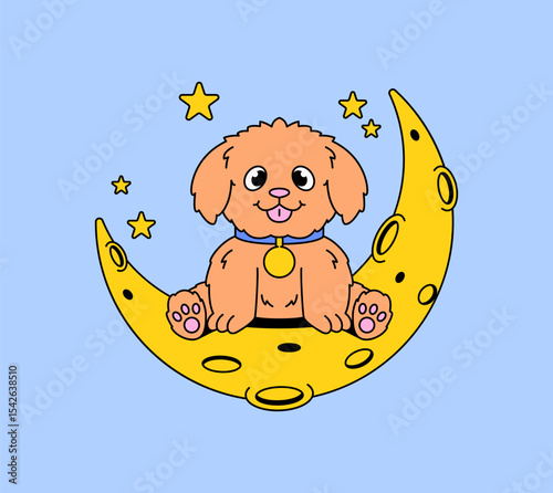 Fluffy brown puppy happily sitting on a yellow crescent moon, surrounded by bright stars in cartoon vector illustration for nursery designs, pet-themed prints