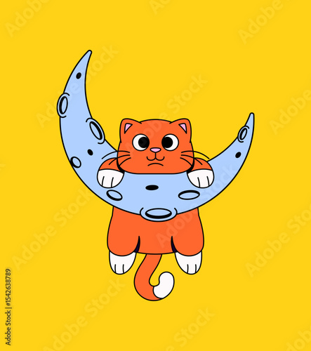 Orange kitten sitting calmly on a blue crescent moon, in cartoon vector perfect for nursery prints, kids’ room decor, bedtime themes, and pet-themed illustrations