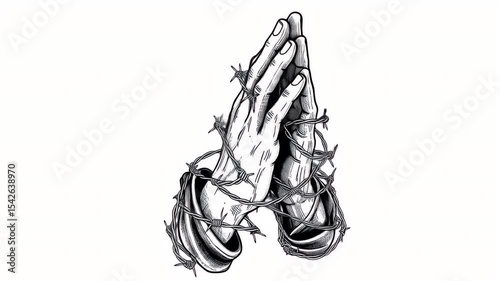 Detailed black and white prayer hands entangled with barbed wire graphic design