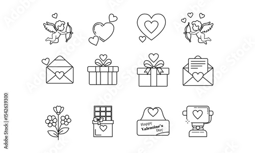 A comprehensive set of outline icons for Valentine's Day and love, including Cupid, hearts, gifts, letters, flowers, chocolate, and a trophy. Ideal for romantic themes.
