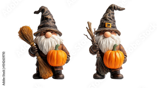 Halloween gnome figurines holding pumpkins and brooms Transparent background, PNG file