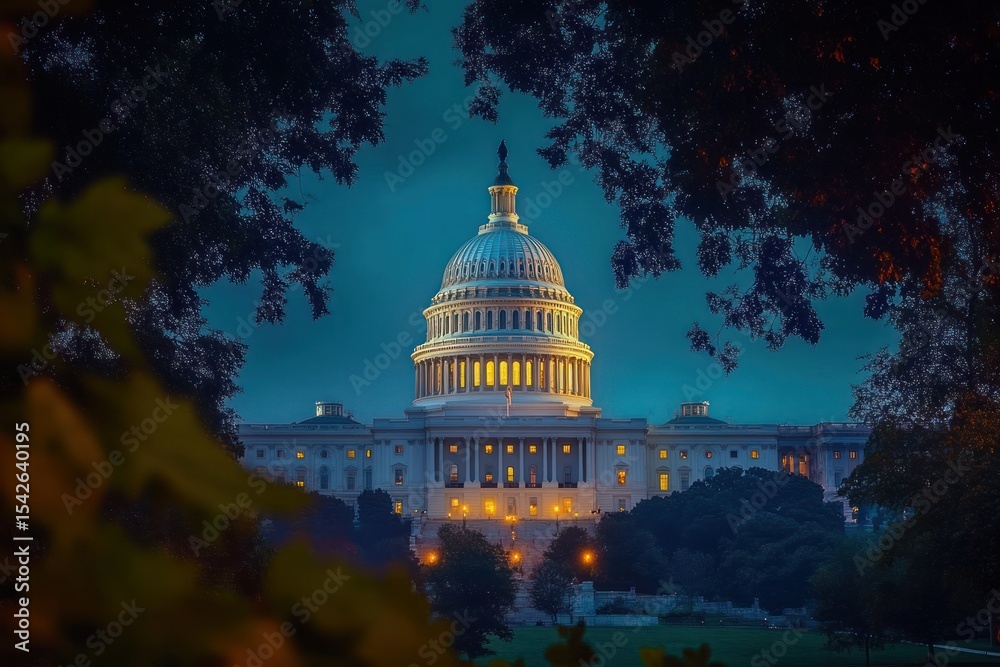 Fototapeta premium Illuminated historical government building dome at dusk framed by dark tree branches and foliage