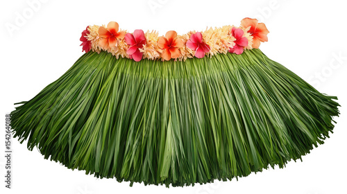 Hawaiian hula costume with floral lei and grass skirt Transparent background, PNG file