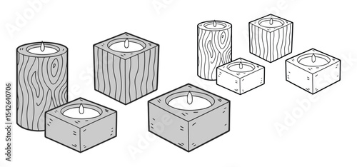 Illustrated depiction of various wood block candles in different shapes and designs against a white backdrop