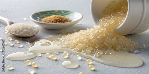 A milky, semi-translucent gel made from fermented rice extract, captured in soft shadows highlighting its texture detail.