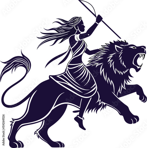 goddess riding lion with weapon in hand artwork