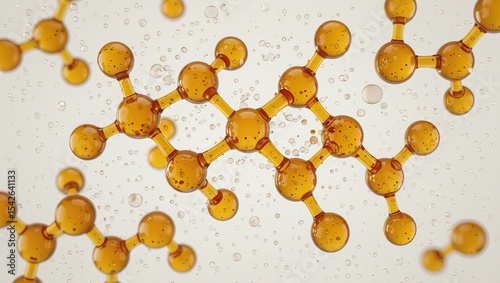 Propolis extract depicted as honey-colored molecules in serene white space, representing natural beauty and scientific innovation.
