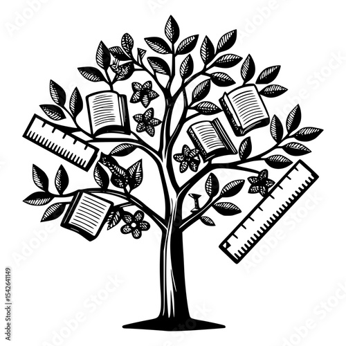 A symbolic tree of knowledge, with leaves, flowers, books, and rulers growing from its branches, representing growth through education and measurement.