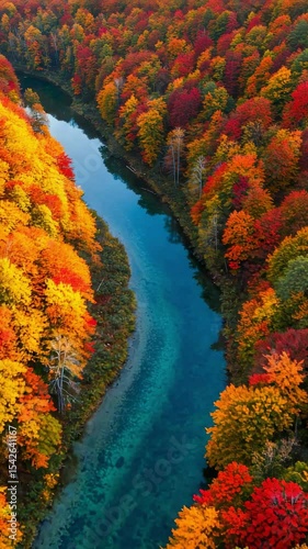 Vibrant Autumn Landscape with River Surrounded by Colorful Trees and Foliage
