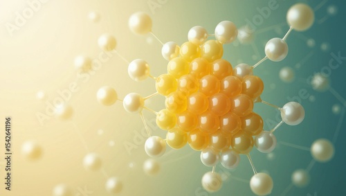 Abstract representation of royal jelly's molecular structure in creamy yellow and white pearls against a soft gradient background.