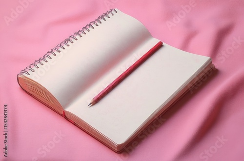 Open blank spiral notebook with a red pencil resting on white pages on a pink fabric background, evoking creativity and readiness to write photo