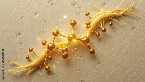 Golden molecular cluster of ginseng extract, glowing helix shape over textured paper background.