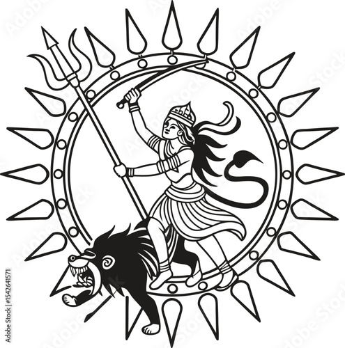 goddess durga riding lion with sun rays behind