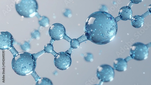 Hyaluronic acid molecular structure depicted in detailed glassy spheres with soft blue lighting against a neutral background.