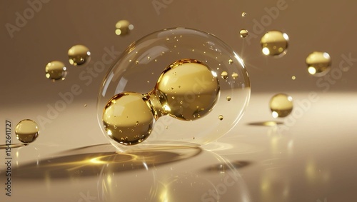 Jojoba extract represented as a floating oil molecule with rich gold tones, transparent membranes, and soft shadows for visual appeal.