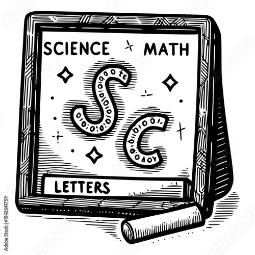 A classic school blackboard displaying "SCIENCE" and "MATH" at the top, along with stylized "SC" letters and "LETTERS" at the bottom, accompanied by a piece of chalk.