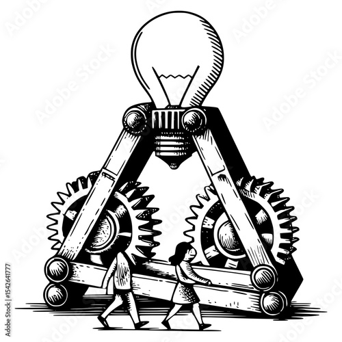 An innovative contraption where a lightbulb is supported by a structure of gears and beams, with two small figures walking beneath, symbolizing collaborative ingenuity and progress.