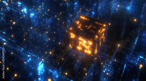 Glowing digital cube illuminated with bright orange and blue lights in a futuristic virtual grid environment, representing advanced technology and data flow