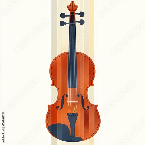Illustration of a classic violin with detailed strings and tuning pegs on a light vertical striped background