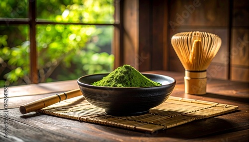 Ceremonial grade matcha powder in dark ceramic bowl, traditional bamboo whisk, minimal aesthetic, japanese ritual atmosphere