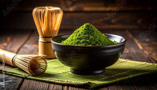 Ceremonial grade matcha powder in dark ceramic bowl, traditional bamboo whisk, minimal aesthetic, japanese ritual atmosphere