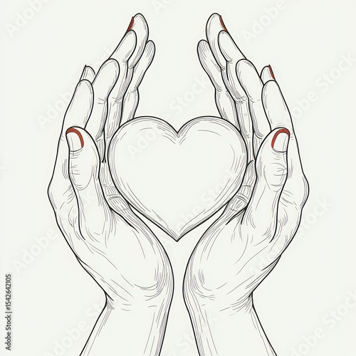 Two detailed hands gently cupping a heart shape, symbolizing care and protection, with red-painted fingernails and fine line art on a light background