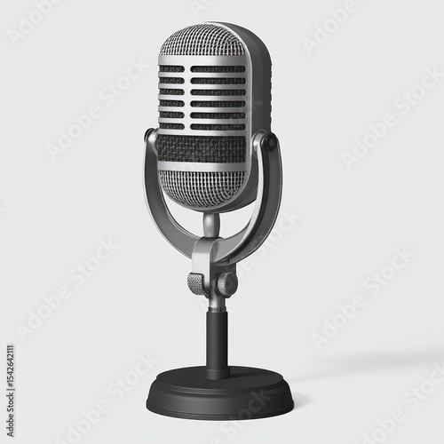 Close-up of a vintage-style silver microphone with a mesh grille on a black stand against a plain white background, evoking a classic and professional atmosphere