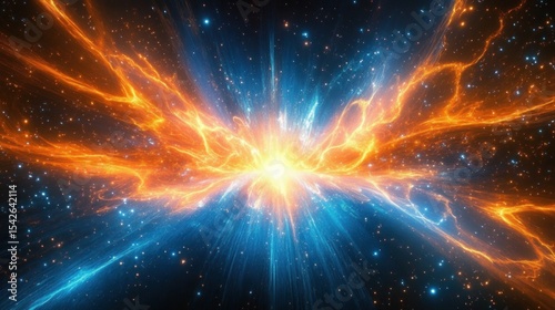 Vibrant cosmic explosion with radiant orange and brilliant blue light beams spreading through space filled with stars and glowing particles