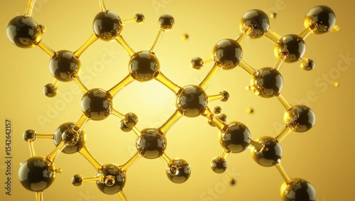 Coenzyme Q10 depicted as vibrant yellow-gold spheres with elegant connections showcasing clarity and balance in a visually appealing image.
