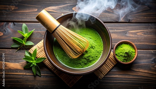 Ceremonial grade matcha powder in dark ceramic bowl, traditional bamboo whisk, minimal aesthetic, japanese ritual atmosphere