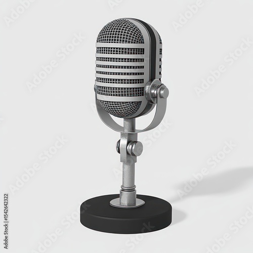 Silver vintage-style microphone with mesh grille on black round base casting shadow on white background