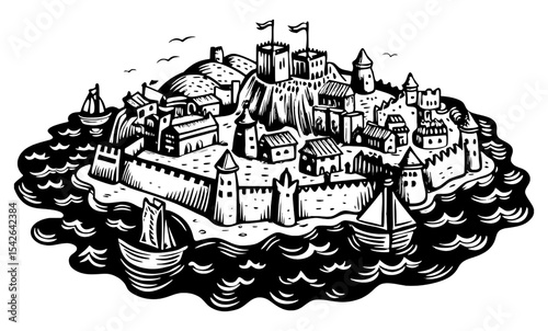 A detailed black and white illustration of a fortified island town with a prominent castle and surrounding ships. It evokes medieval history, fantasy, and coastal settlements