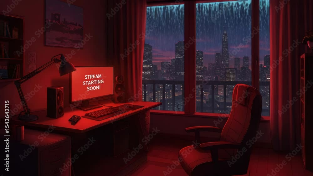 Rainy Night Stream Setup. Cozy Streamer Room with City View. Stream ...