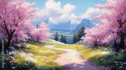 A peaceful spring landscape with a winding path surrounded by blooming cherry blossom trees and wildflowers, leading towards snow-capped mountains under a blue sky with fluffy clouds