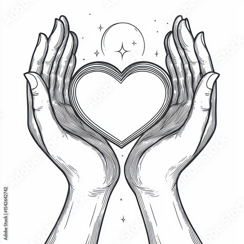 Two detailed hands gently cupping and presenting a heart shape with a glowing moon and stars above, evoking care, protection, and love in a monochrome line art style