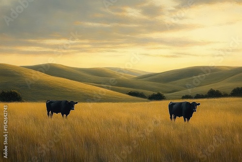 Two black cows standing in a golden grassy field with rolling hills in the background under a softly lit cloudy sky at sunset