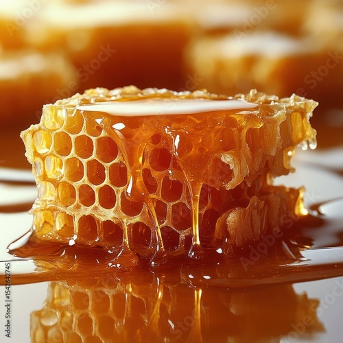 Close-up of golden honeycomb dripping with thick, amber honey reflecting light and creating a rich, natural texture