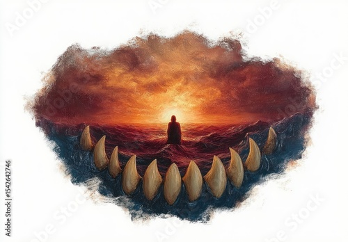 Silhouette of a person sitting on waves at sunset surrounded by large teeth or claw-like structures forming a circular pattern, evoking a surreal and intense mood