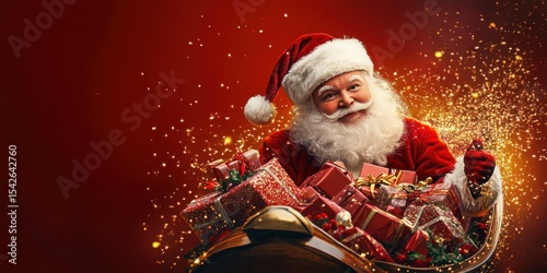Santa Claus smiling warmly while sitting in a sleigh filled with colorful wrapped gifts against a glowing festive background